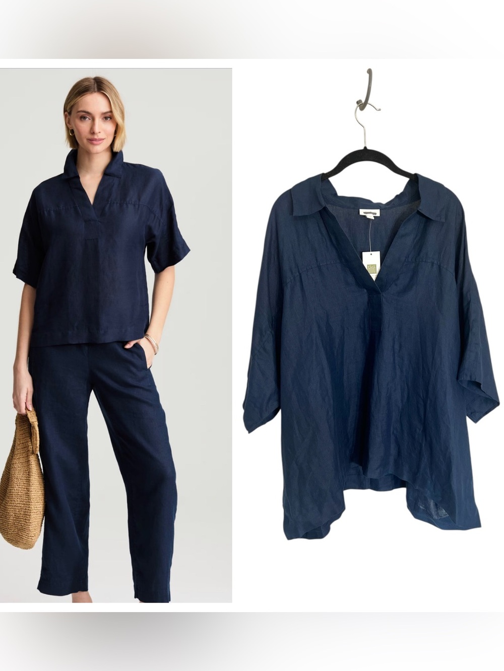 NWT J. Jill Pure Jill Linen Collared Popover navy sz 3X coastal beach vacation